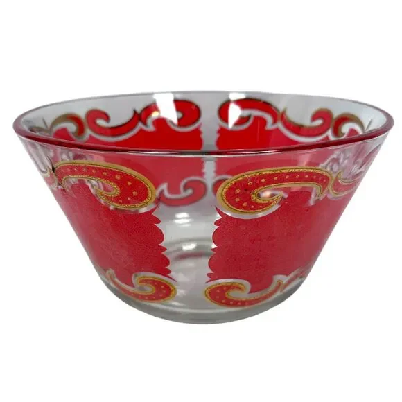 Vintage MCM Culver Starlyte Red Gold Punch Bowl Round Filigree Glassware 10.5